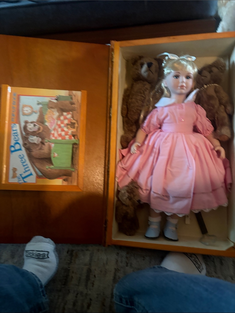 Porcelain-Style Pink Dress Doll Gift Set with Storybook and Teddy Bears